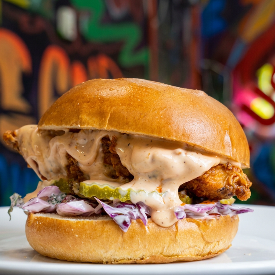 Crispy fried chicken burger with creamy sauce, pickles, and purple cabbage slaw on a white plate against colorful graffiti.