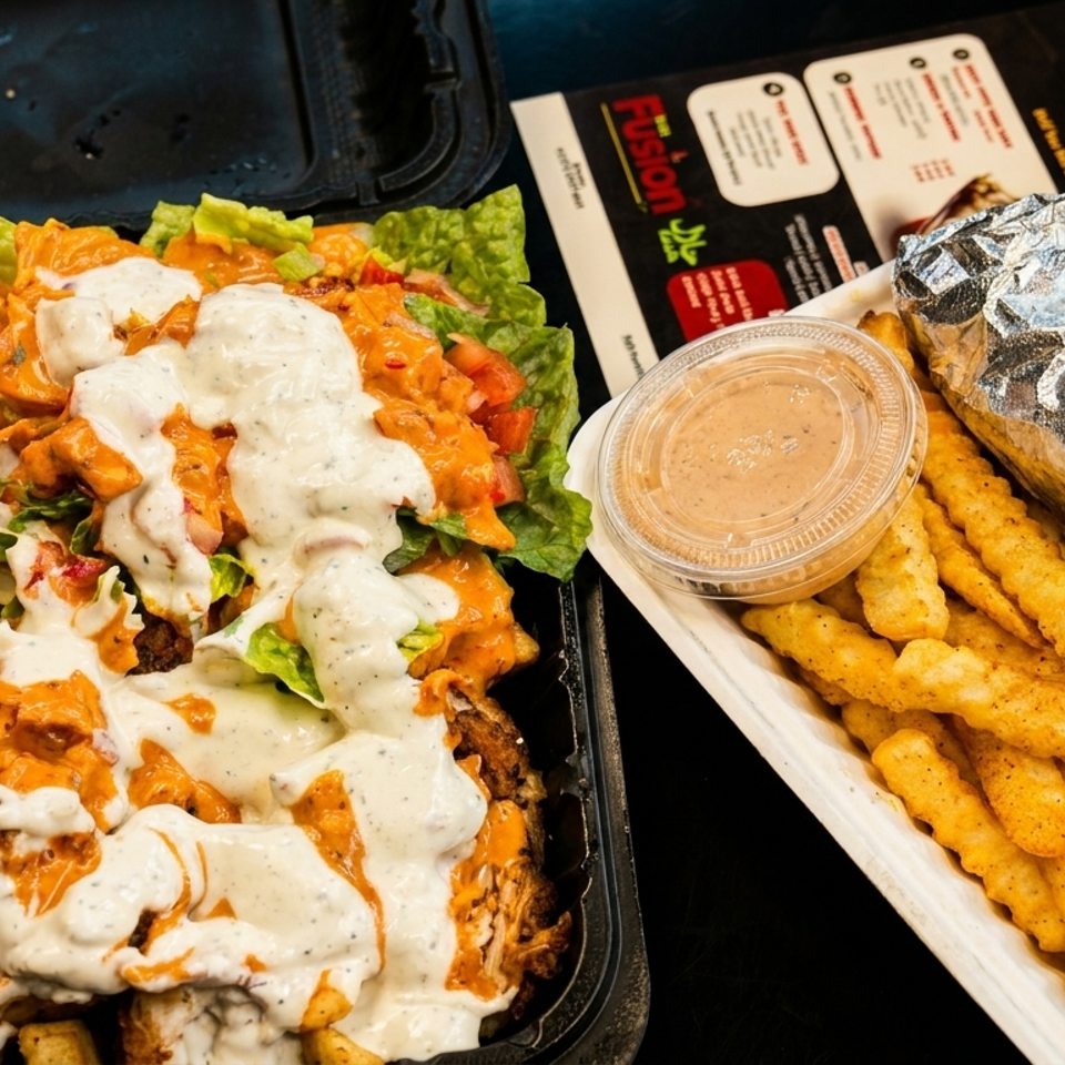 Takeout meal with loaded fries, lettuce, vegetables, creamy sauces, a foil-wrapped sandwich, dipping sauces, and a Fusion Bowls menu.