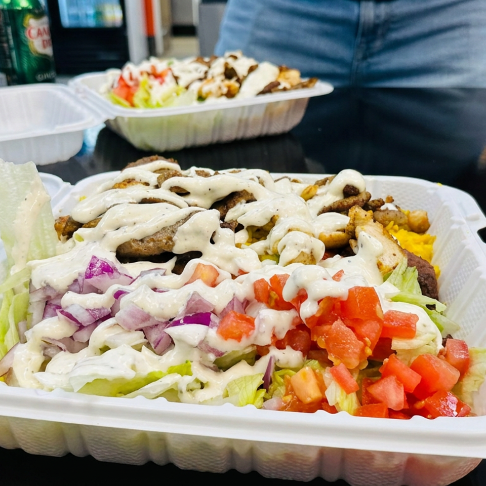 Takeout container filled with seasoned meat, yellow rice, lettuce, tomatoes, red onion, and creamy white sauce on a restaurant table.