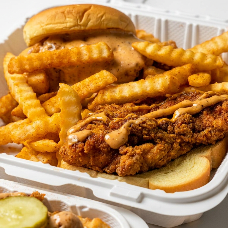 Takeout container holding a crispy fried chicken sandwich with sauce, crinkle-cut fries, and a pickle slice.